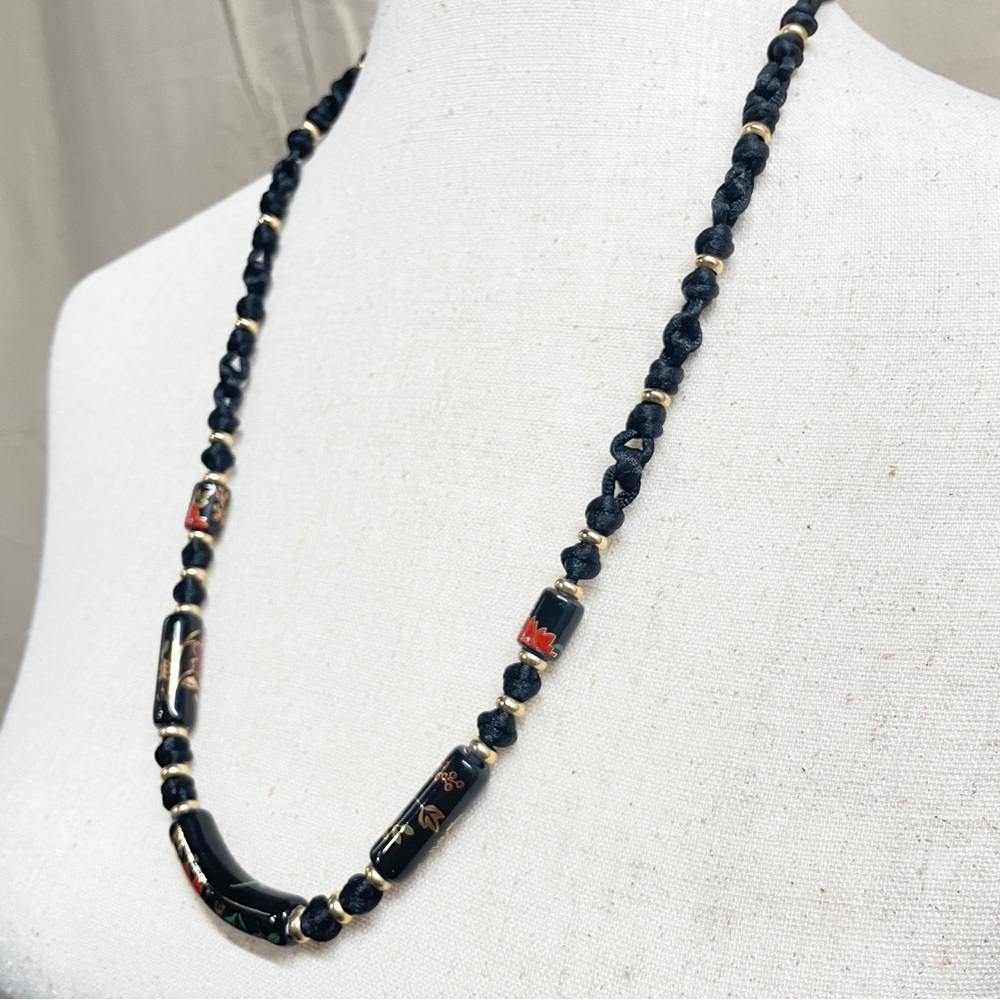 Vintage Black‎ Floral Ceramic Bead Cord Necklace Witchy Goth Romantic